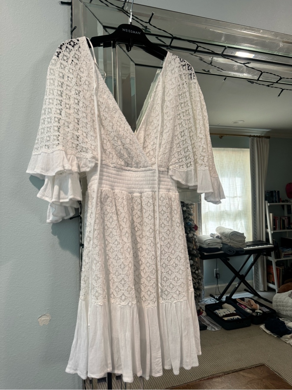 Weissman White Lace Midi Dress with Ruffled Flutter Sleeves